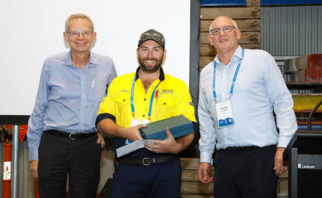 Plumbing apprentice of the year Rowan Morton flanked by Ken Gardner (left) of Master Plumbers Victoria and Shayne La Combre, CEO of PICAC Victoria.