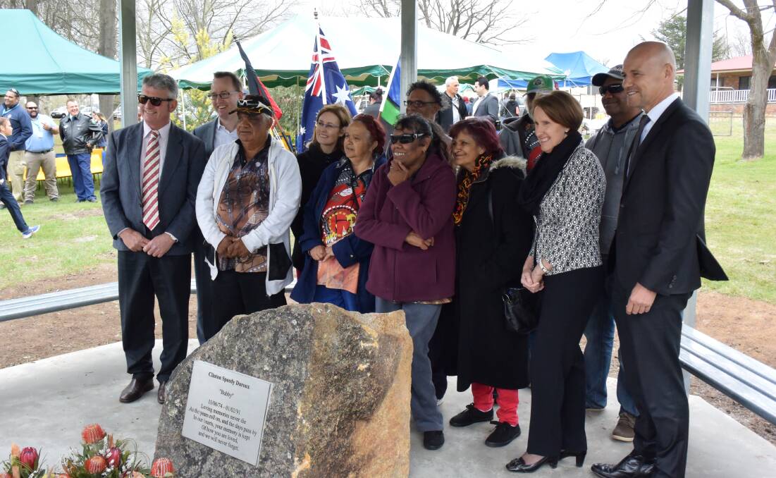 Detective Inspector Gary Jubelin (far right) joined dignitaries and family members after the memorial unveiling. He is pictured with (from left, at back) David Shoebridge MP, James Jerome, Patrick Duroux, David Duroux; and (front), Tenterfield Mayor Peter Petty, Thomas Duroux, then-NSW Attorney General Gabriel Upton, Cheryl Duroux, June Speedy, Dianne Duroux and then-NSW Aboriginal Affairs Minister Lesley Williams.
