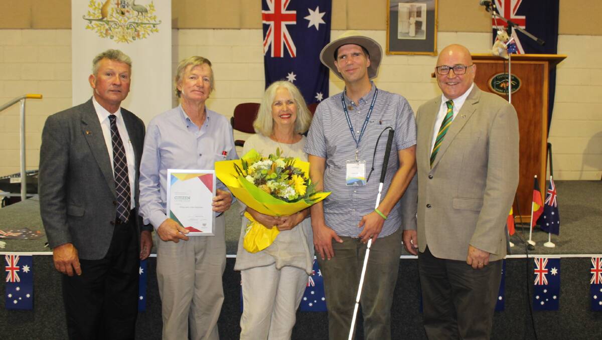 Unusually there were joint-winners for Tenterfield Citizen of the Year this year, in the form of Mingoola refugee advocates Philip and Julia Harpham. They're pictured here with mayor Peter Petty, Australian Day ambassador James Pittar and deputy mayor Greg Sauer.