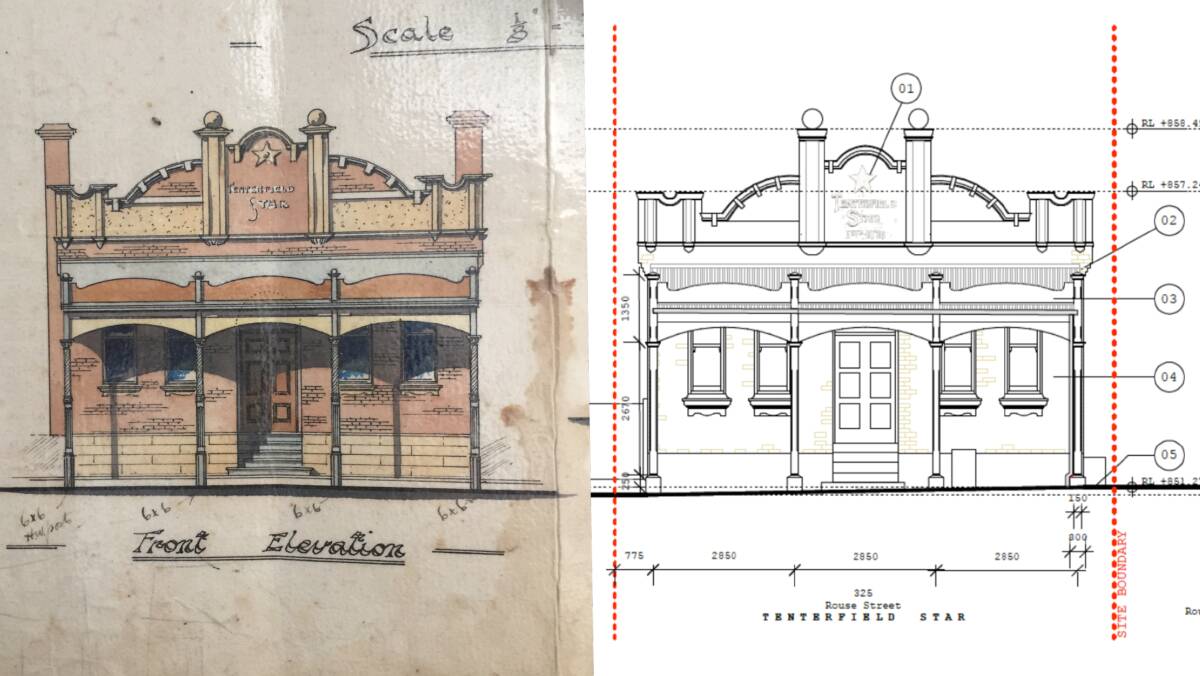 Detailed designs observe original specs as closely as possible. Above are the original design for the Tenterfield Star building, signed off by JF Thomas, alongside restoration plans drawn up by Dee Hawkins.