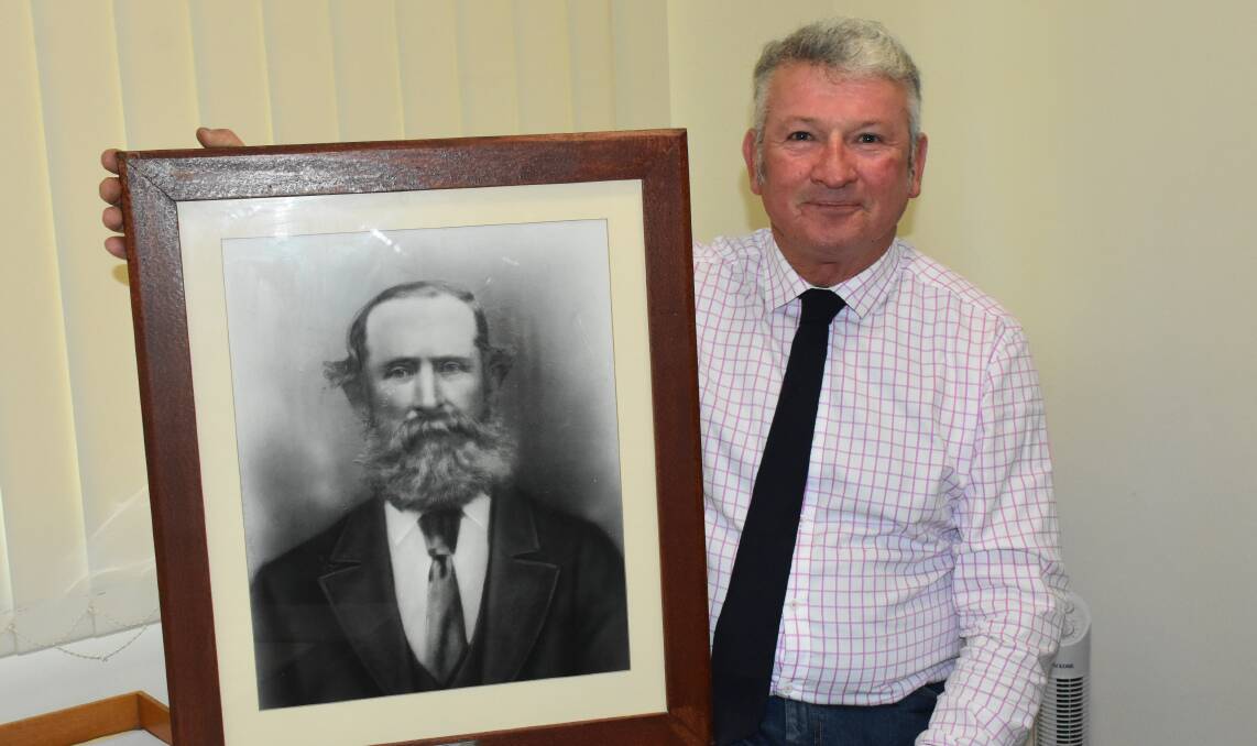First and latest: Current Tenterfield mayor Peter Petty lines up with one of his predecessors, first municipal mayor Thomas Welburn. Photo: Donna Ward.