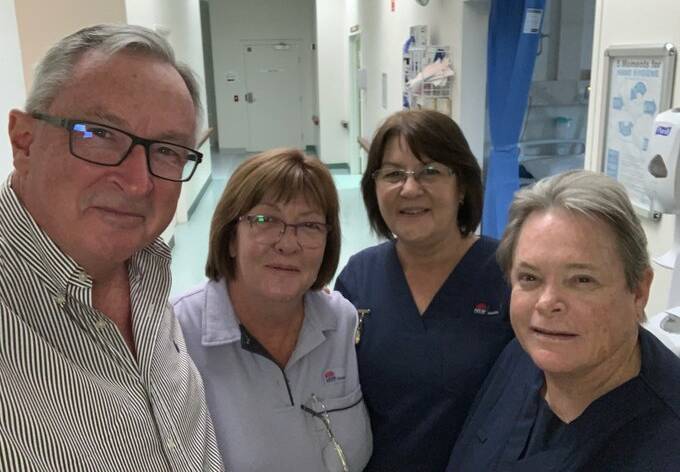 NSW Health Minister Brad Hazzard at Tenterfield Hospital with staff members Leanne McFarlane, Julie Ellis and Lorraine Petrie.
