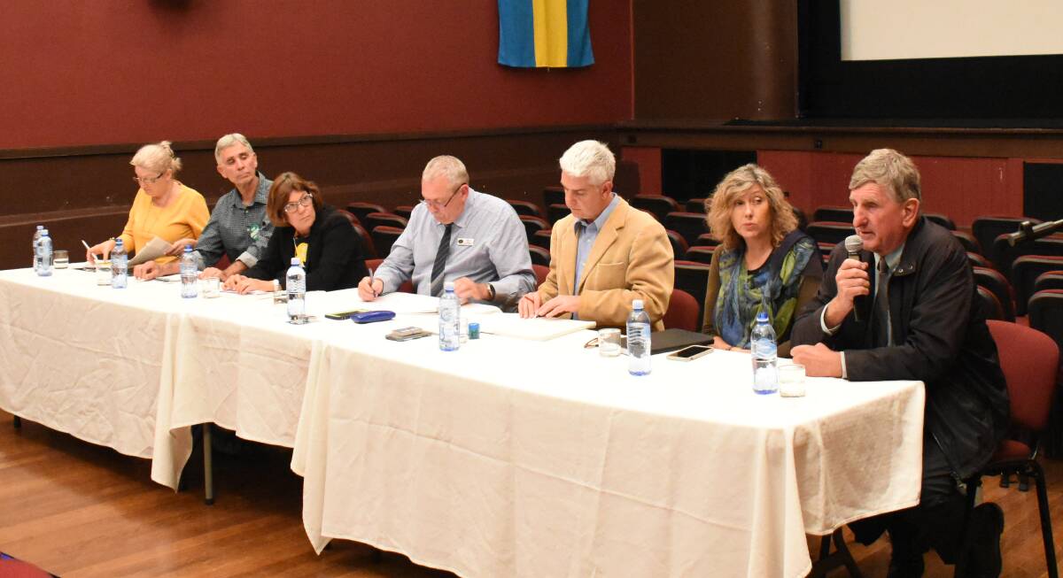 (From left) United Australia Party's Cindy Duncan, the Greens' Tony Lonergan, Labor's Yvonne Langenberg, moderator Harry Bolton, independent Adam Blakester, Christian Democratic Party's Julie Collins and independent Rob Taber.