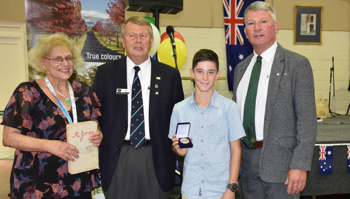 Australia Day ambassador Susanne Gervay, deputy mayor Don Forbes, Young Sportsperson of the Year Jacob Murphy and mayor Peter Petty.