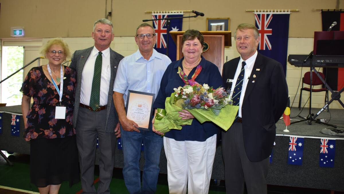2018 Australia Day ambassador Susanne Gervay withmayor Peter Petty, Citizens of the Year Allan and Thea McKenzie and deputy mayor Don Forbes.