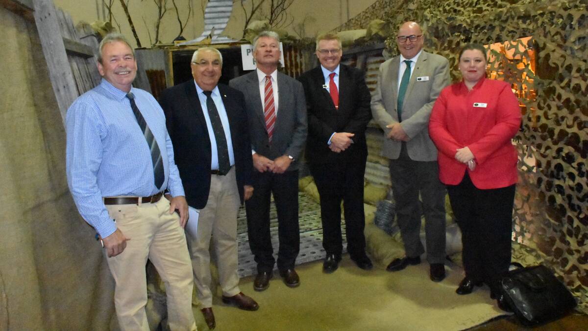 Economic Development Manager Harry Bolton, MP Thomas George, Mayor Peter Petty Chief Executive Terry Dodds, Deputy Mayor Greg Sauer and Chief Corporate Officer Kylie Smith gathered at Tenterfield Memorial Hall for the major funding announcement.