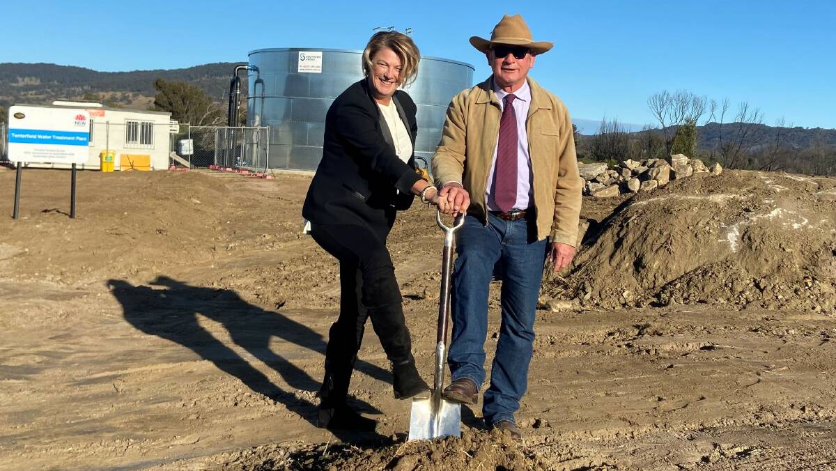 NSW water minister Melinda Pavey joins Tenterfield mayor Peter Petty to turn the first sod to get construction of Tenterfield Dam's new water treatment plant underway.