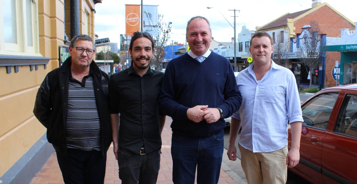 Peter Allen Festival Committee members Paul Quinn, Matt Sing and Josh Moylan with MP Barnaby Joyce on the announcement of the festival's $30,000 grant.

·       