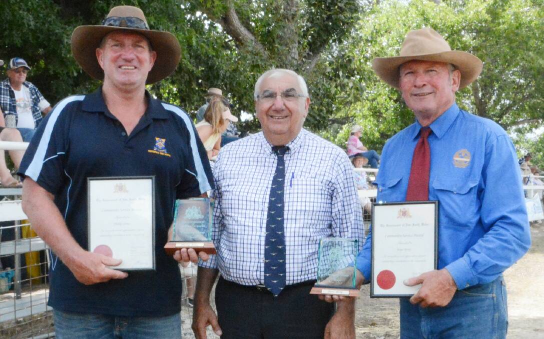 MP Thomas George flanked by two very surprised Premier's Award recipients Phil Jones and Peter Petty.