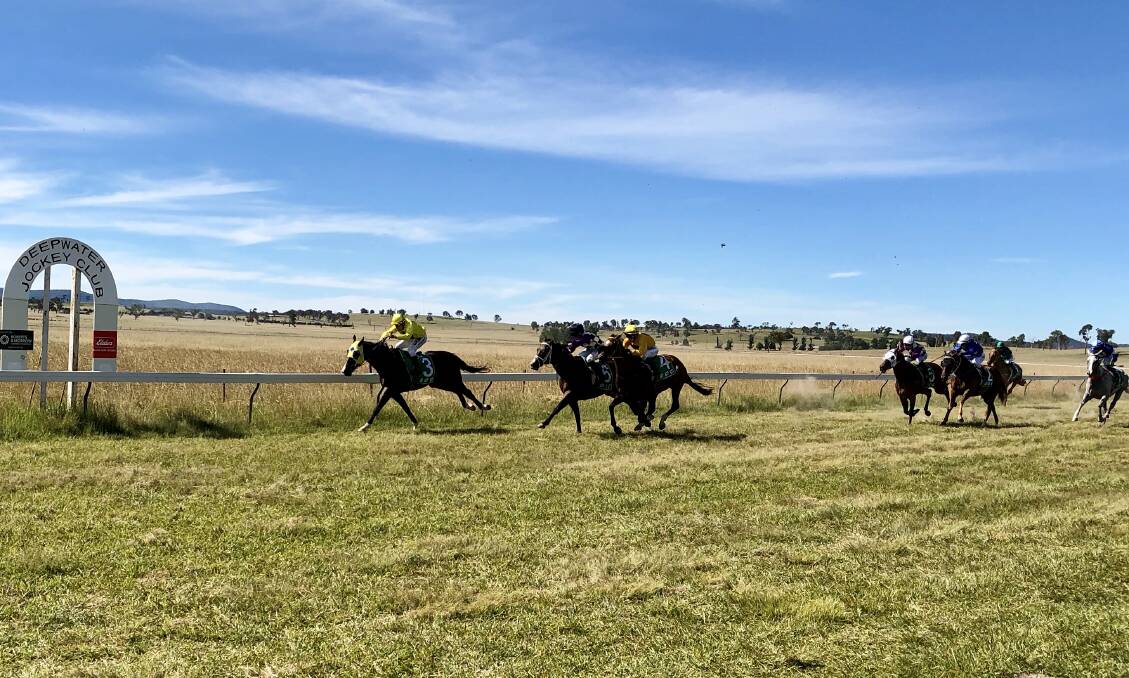 HOME STRAIGHT: Cavitation, ridden by Geoffrey Snowden, races towards the finish line ahead of Racecraft and San Sabarto in Saturday's Deepwater Cup. Photo: Adam Marshall. 