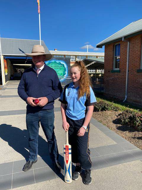 ON HAND: Barnaby Joyce visited Tenterfield High School to present Amelia with the grant. Photo: Supplied. 