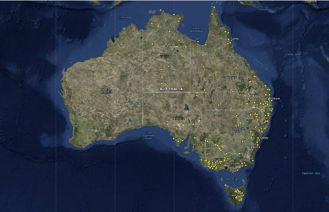 CONFRONTING: The digital map plotting 250 massacres in Australia. The third stage of the project will include Western Australia, and the research team expect to list another 250 by the time they are finished.  