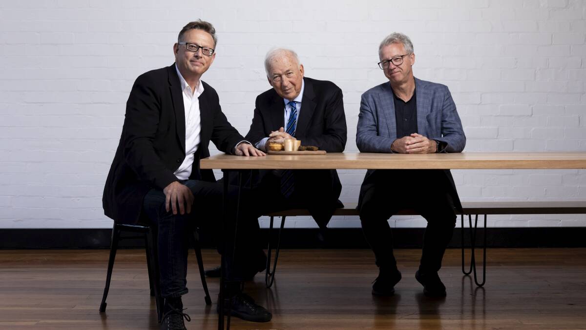 Backers: Founder of v2food Nick Hazell with Hungry Jack's boss Jack Cowin and fellow investor Phil Morle at the launch of their plant-based Rebel Whopper patty in October. 