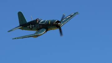 A scale Vought Corsair model airplane in flight. A number of model airplanes will be on show at the Friends of Tenterfield Aerodrome Fete on Saturday. Picture Jacob McMaster. 