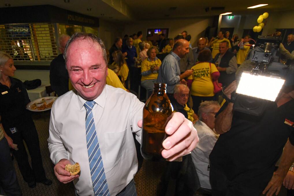 TAKE FOUR: Barnaby Joyce celebrates winning his third term as member for New England in 2019. Photo: Gareth Gardner, file