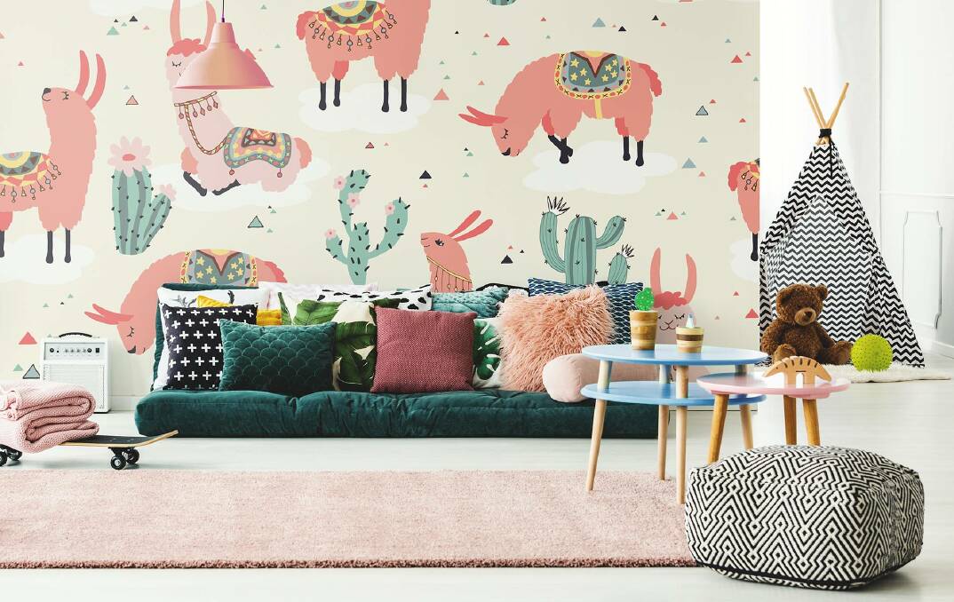 Pixers' Happy Llama Vinyl wall mural is USD $632 and measures 450 x 230cm from pixers.us (they post to Australia). Photo: Pixers