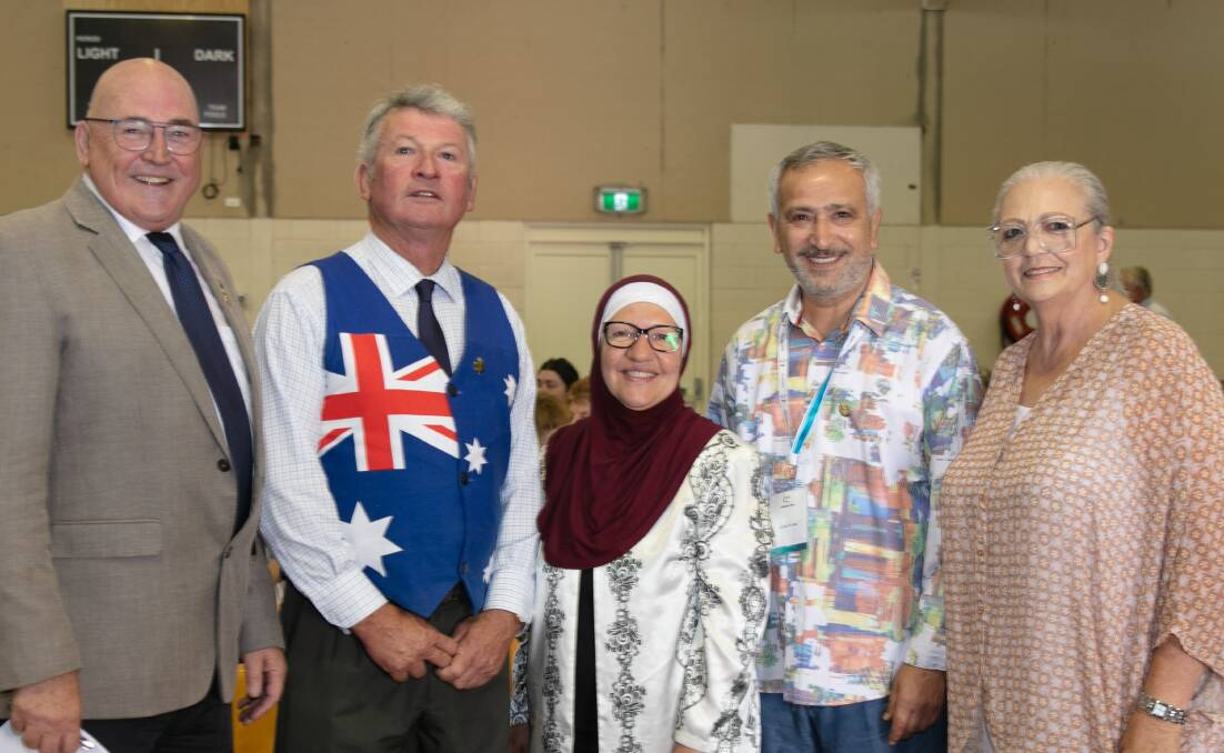 AUSTRALIA DAY IN TENTERFIELD: Deputy Mayor Greg Sauer, Mayor Peter Petty, Mrs Lana Rifi, Ambassador Dr Jamal Rifi AM, and Mrs Sue Sauer. Photo provided by Peter Reid.