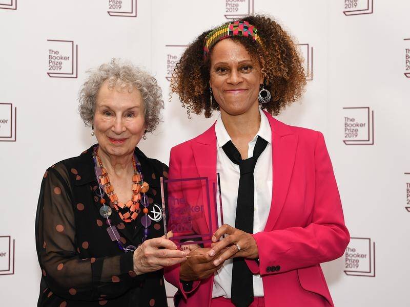 Joint Booker Prize winners Bernardine Evaristo (R) and Margaret Attwood.