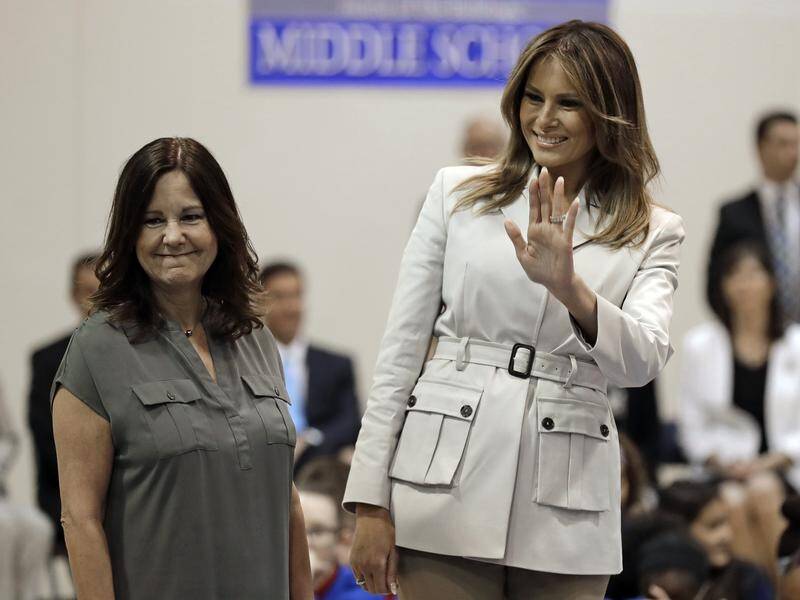 US First lady Melania Trump (R) with the vice president's wife Karen Pence at an event on Monday.