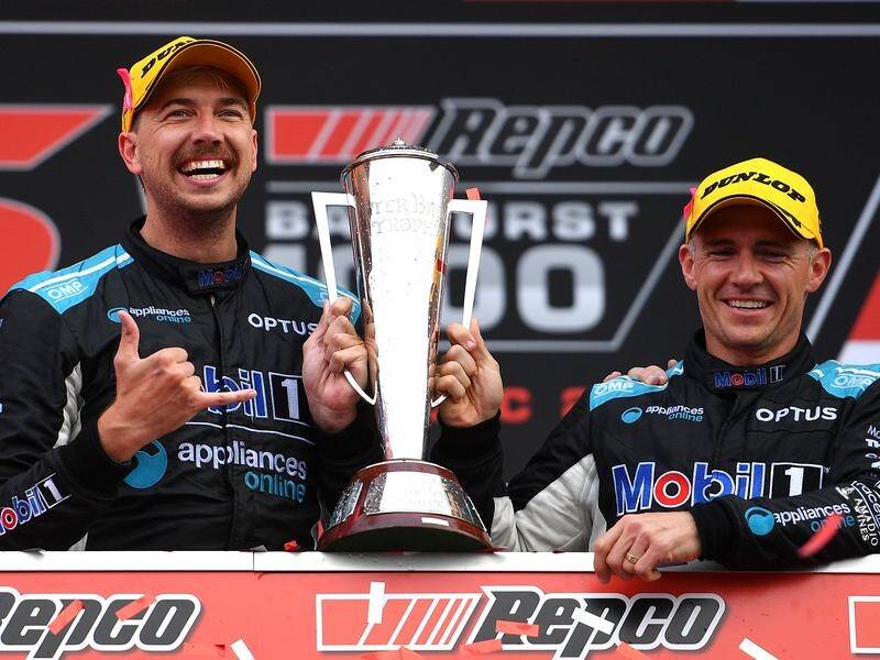 Veteran Lee Holdsworth (R) teamed up with Chaz Mostert for his first win in the Bathurst 1000.