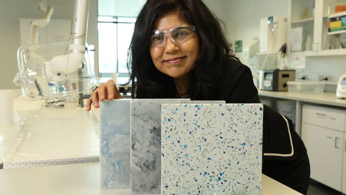 BUILDING MATERIAL: Prof Veena Sahajwalla displayed ceramic tiles produced by converting common waste items using prototype technology.