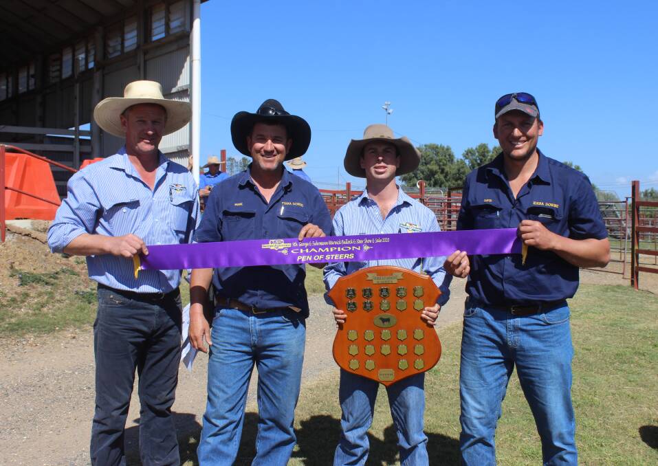 Matthew Grayson, George and Fuhrmann, Mark Gasparin, Blake Doro, and David Gasparin at the presentation of the champion pen of steers. Mark and David Gasparin, Kiara Downs, Tenterfield claimed the champion pen of steers with their pen of Limousin steers in the 612 kilogram and over weight range. 